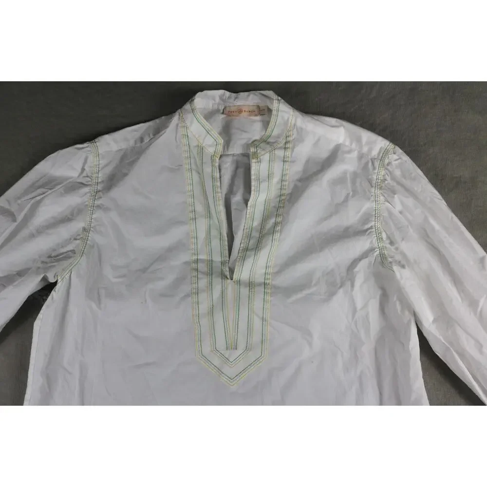 Tory Burch Top Womens Xs White Yellow Green Blue Trim Embroidered Tunic Blouse
